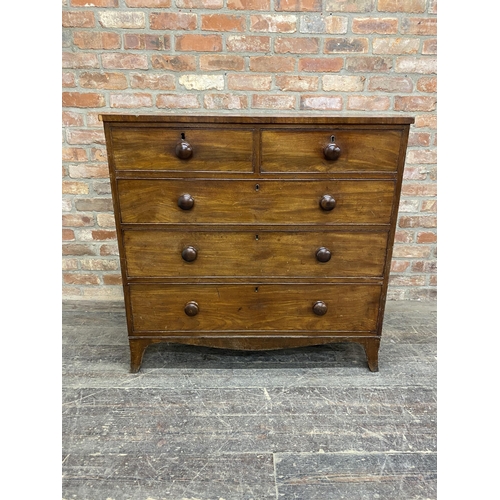 1233 - Early Victorian mahogany chest of drawers, two short over three long raised on swept feet, H 106cm x... 