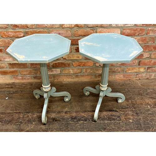 1234 - Pair of Regency style painted and distressed wine tables, fluted column and scrolled legs