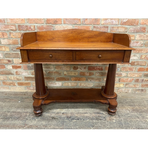 1235 - William IV mahogany console table, raised gallery back two drawers and good tapered pillars, H 90cm ... 