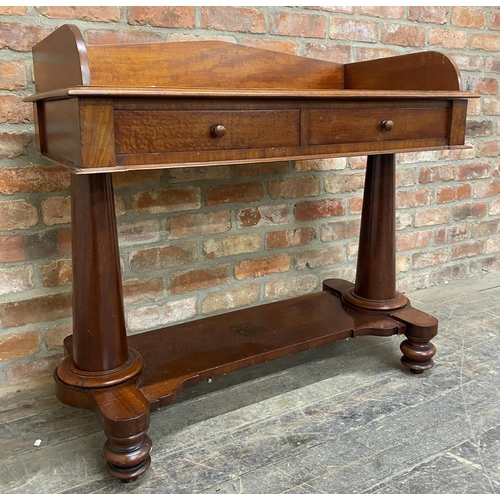 1235 - William IV mahogany console table, raised gallery back two drawers and good tapered pillars, H 90cm ... 