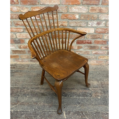 1237 - Antique beech and elm comb Windsor chair with unusual cabriole front legs