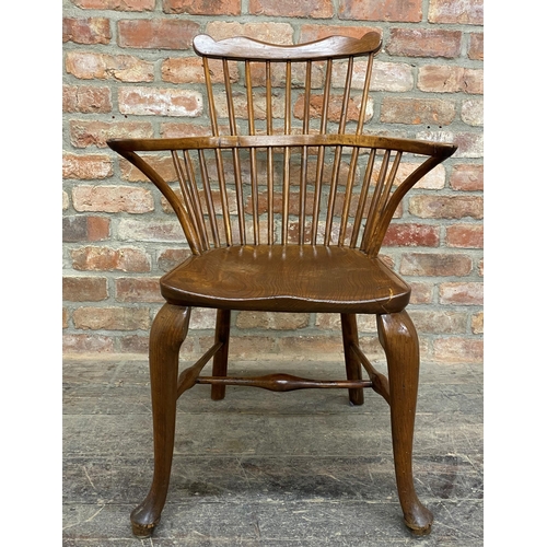 1237 - Antique beech and elm comb Windsor chair with unusual cabriole front legs