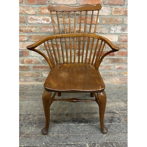 1237 - Antique beech and elm comb Windsor chair with unusual cabriole front legs