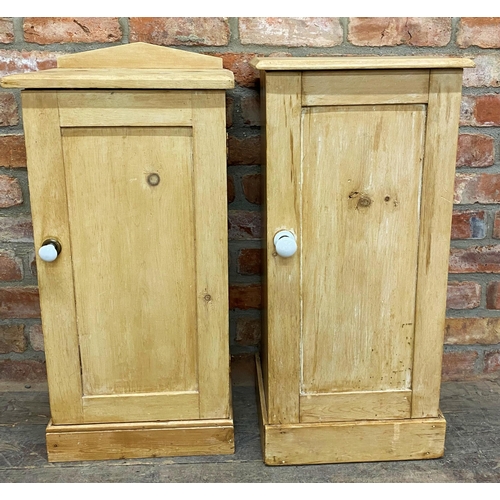 1239 - Two similar Victorian stripped pine pot cupboards with ceramic turned handles, the largest H 79cm x ... 