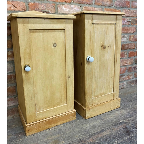 1239 - Two similar Victorian stripped pine pot cupboards with ceramic turned handles, the largest H 79cm x ... 