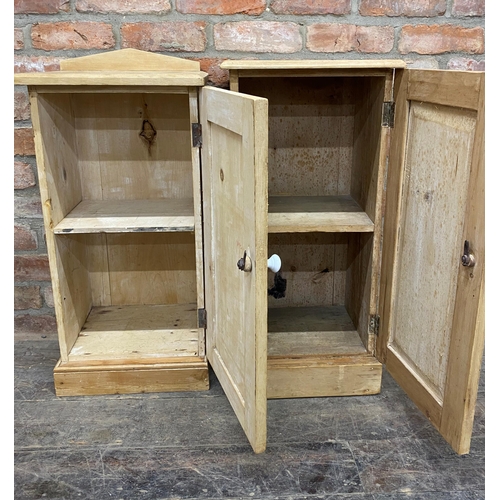 1239 - Two similar Victorian stripped pine pot cupboards with ceramic turned handles, the largest H 79cm x ... 