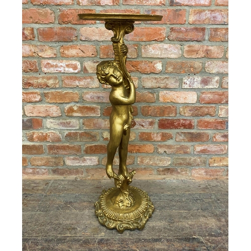 1242 - Continental carved lime wood gilt and gesso figural torchiere with cherub column and Rococo base, H ... 