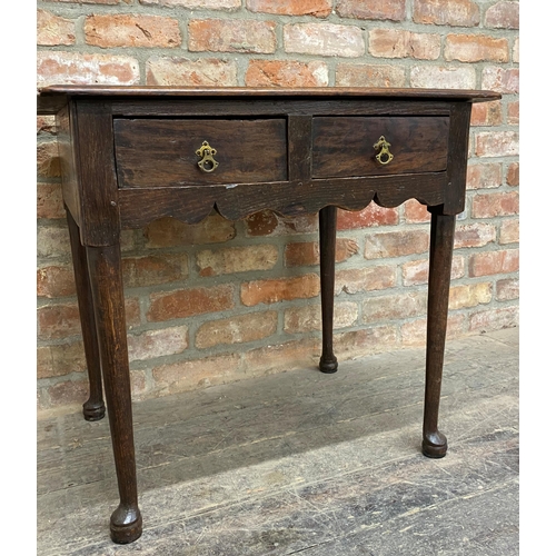 1243 - Early Georgian oak side table with two frieze drawers raised on pad feet, H 68cm x W 74cm x D 51cm