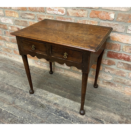 1243 - Early Georgian oak side table with two frieze drawers raised on pad feet, H 68cm x W 74cm x D 51cm