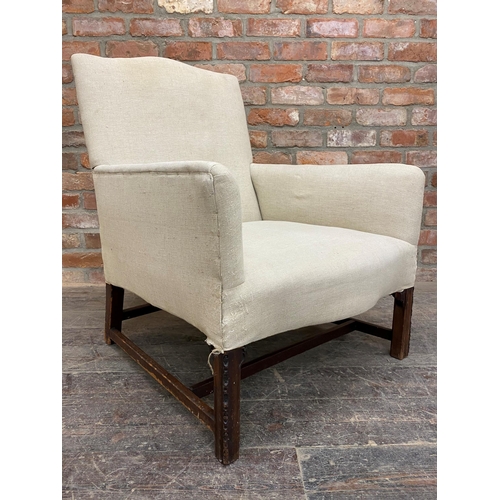 1245 - Period Howard style lounge chair, serpentine seat and back with hessian upholstery, carved and chamf... 