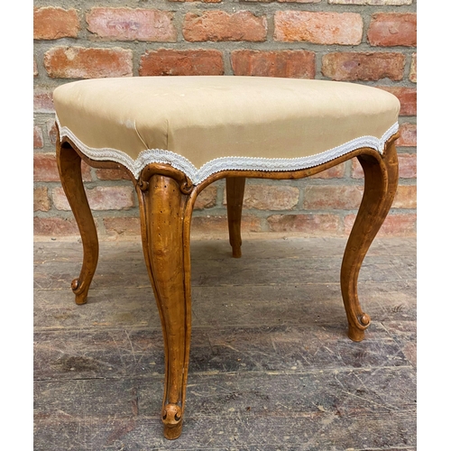 1250 - 19th century French satin wood stool with stuff over top and cabriole legs, H 46cm x W 43cm x D 43cm