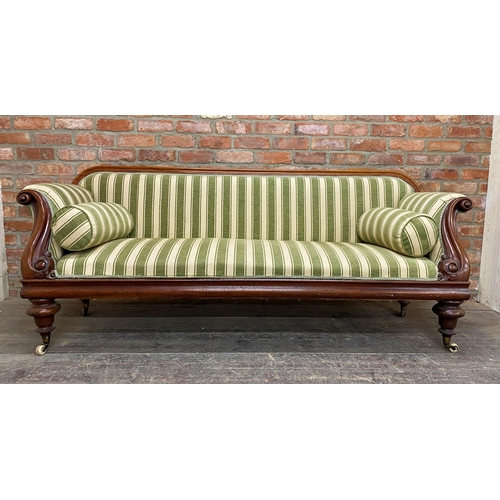 1271 - Good quality Victorian mahogany scroll end sofa, corduroy and diaper and candy stripe upholstery wit... 