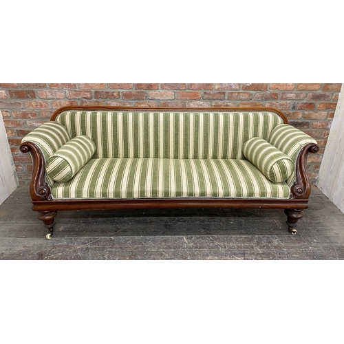 1271 - Good quality Victorian mahogany scroll end sofa, corduroy and diaper and candy stripe upholstery wit... 