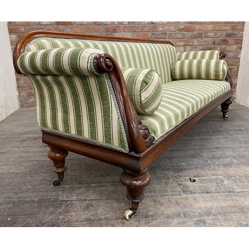 1271 - Good quality Victorian mahogany scroll end sofa, corduroy and diaper and candy stripe upholstery wit... 