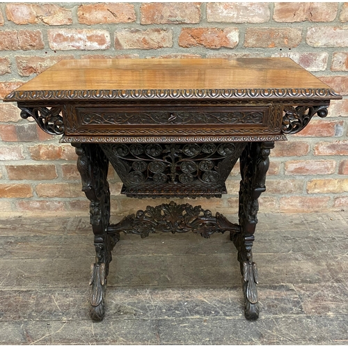 1278 - Exceptional quality Anglo Burmese / Indian padauk work table, the top with darted borders upon a pro... 