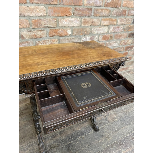 1278 - Exceptional quality Anglo Burmese / Indian padauk work table, the top with darted borders upon a pro... 