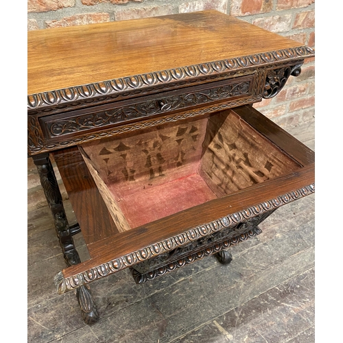 1278 - Exceptional quality Anglo Burmese / Indian padauk work table, the top with darted borders upon a pro... 