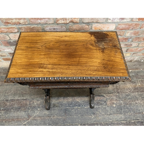 1278 - Exceptional quality Anglo Burmese / Indian padauk work table, the top with darted borders upon a pro... 