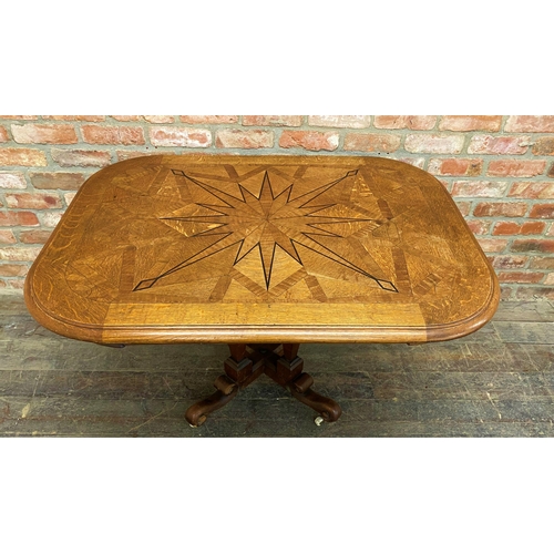 1281 - Unusual 19th century oak inlaid centre table, the top with ebony starburst and parquetry satinwood  ... 