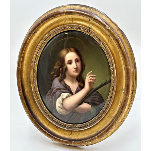 2180 - KPM Berlin hand painted porcelain plaque of Saint Mary Magdelaine, 26 x 22cm, oval mount, giltwood f... 