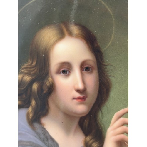 2180 - KPM Berlin hand painted porcelain plaque of Saint Mary Magdelaine, 26 x 22cm, oval mount, giltwood f... 