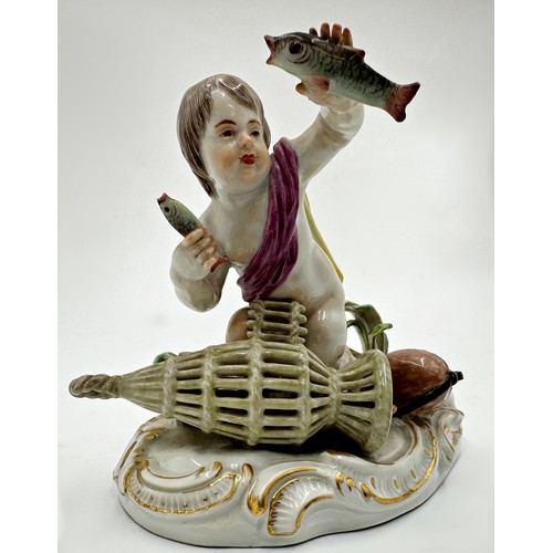 2181 - 19th century Meissen porcelain figure of a fisher boy, H 11cm x W 12.5cm