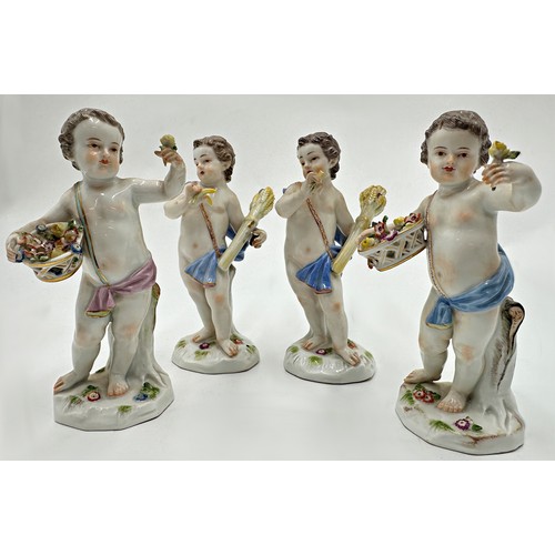 2182 - Two pairs of Meissen porcelain figures of wheat picking and flower picking putti, each 14cm high (4)