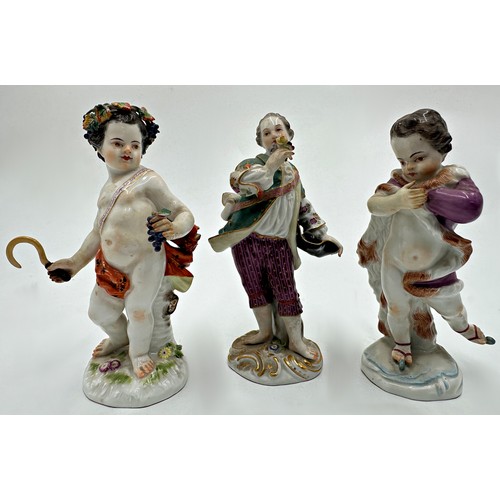 2184 - Three 19th century Meissen porcelain figures of Winter putti, Bacchus putti and Gardener, 13cm high ... 