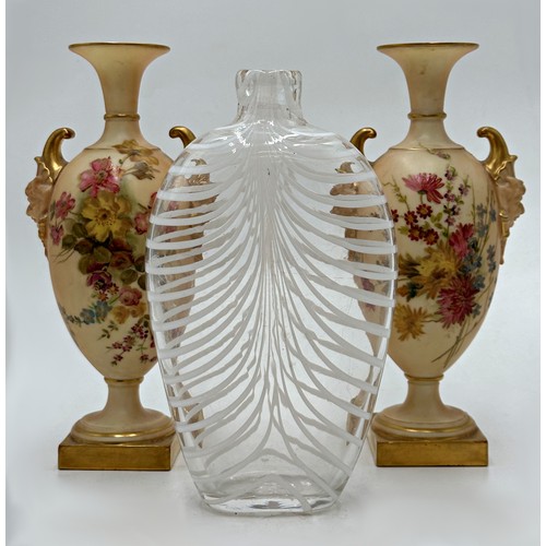 2236 - Pair of Royal Worcester blush ivory twin handled vases with typical floral sprays, 20.5cm high with ... 