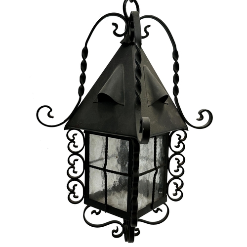 1090 - Large Arts & Crafts Twisted Metal & Glass Panel Hanging Lantern. H 50cm.