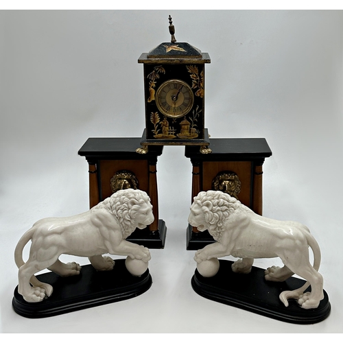 2337 - Mixed Miscellaneous Lot To Include Resin Lions, Bookends & Chinoiserie Style Clock (3)