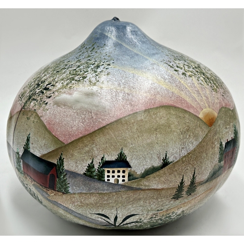 2338 - Folk Art New Hampshire American Painted Gourd With Scenic Sunrise Pattern. H 27cm.