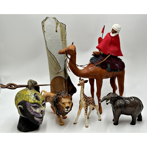 2229 - Collection Of Beswick Animals & Leather Camel With Additional Studio Vase & Ceramic Head. Largest H ... 