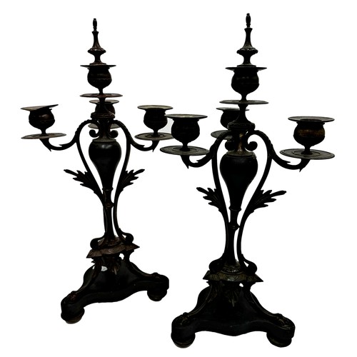 2397 - Pair of French Empire three branch candelabra, with black slate triform plateau, 42cm high