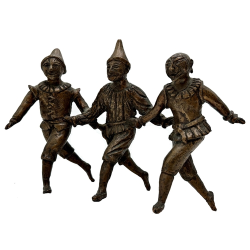 2398 - Good mid 20th century bronze character group of three performing clowns or Pierrots, unsigned, 19cm ... 