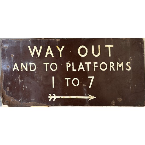 386 - Vintage British Rail enamel sign 'Way Out And To Platforms 1 to 7', cream text on brown ground 62 x ... 