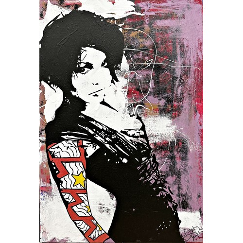 1168 - Stephen Quick (21st century) - half length portrait of lady, signed and dated 2009, graffiti art on ... 