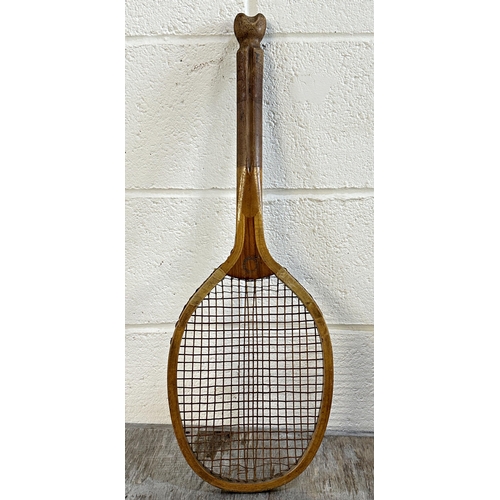 257 - Antique T M Gardiner Hoddesdon 'Association No2' Fishtail tennis racket, 68cm long