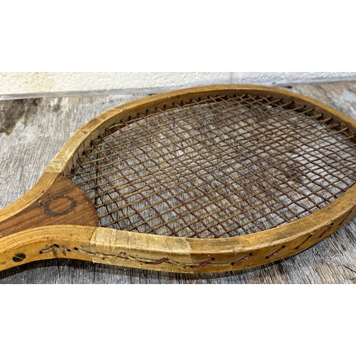 257 - Antique T M Gardiner Hoddesdon 'Association No2' Fishtail tennis racket, 68cm long