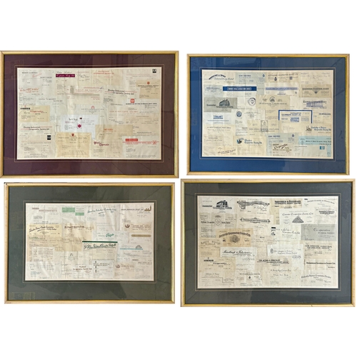 403 - Set of four collages of vintage receipts from famous retailers, each collage have a differing predom... 