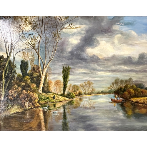 1380 - G* Pfyffer (20th century) - boating lake landscape, signed, oil on canvas laid on board, 70 x 92cm, ... 