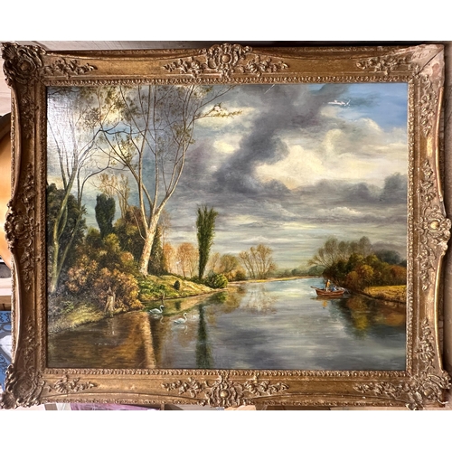 1380 - G* Pfyffer (20th century) - boating lake landscape, signed, oil on canvas laid on board, 70 x 92cm, ... 