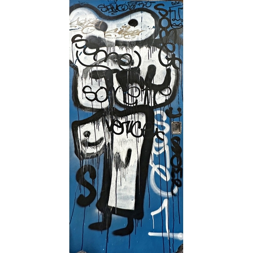 1169 - 21st century school - Large door panel with graffiti paint of figure and tags, 193 x 75cm