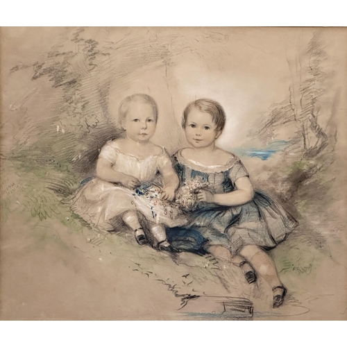 1383 - 19th century school - portrait of two children, unsigned, pastel, inscribed Harrods of London label ... 