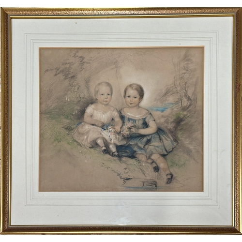 1383 - 19th century school - portrait of two children, unsigned, pastel, inscribed Harrods of London label ... 