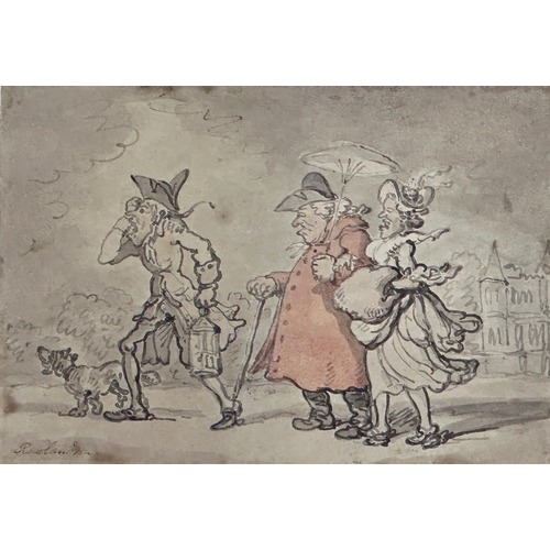 1397 - Thomas Rowlandson (1756-1827) - Satirical study of man wife with servant and dog, signed, watercolou... 