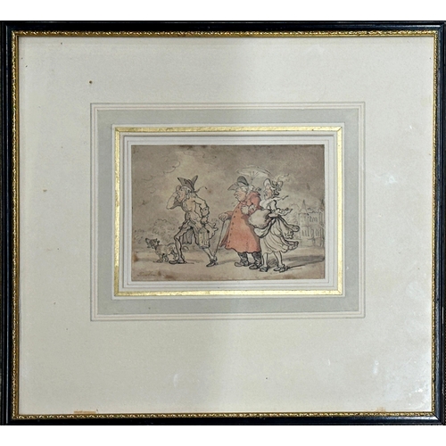 1397 - Thomas Rowlandson (1756-1827) - Satirical study of man wife with servant and dog, signed, watercolou... 