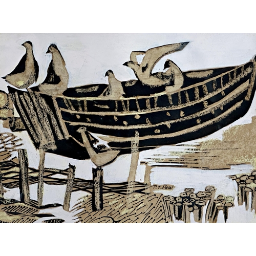 1179 - Patrick Terence Phizackerley in the manner of Alfred Wallis - gulls on a boat on the shore, signed, ... 