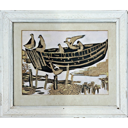 1179 - Patrick Terence Phizackerley in the manner of Alfred Wallis - gulls on a boat on the shore, signed, ... 