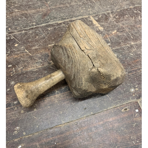 2300 - Early Large Treen Dairy Bowl With Similar Period Sculptors Mallet (2)